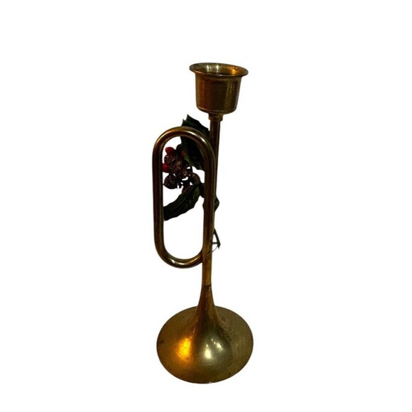 Vintage Brass Trumpet Bugle Horn Candle Holder With Christmas Greenery Taiwan - Picture 3 of 7